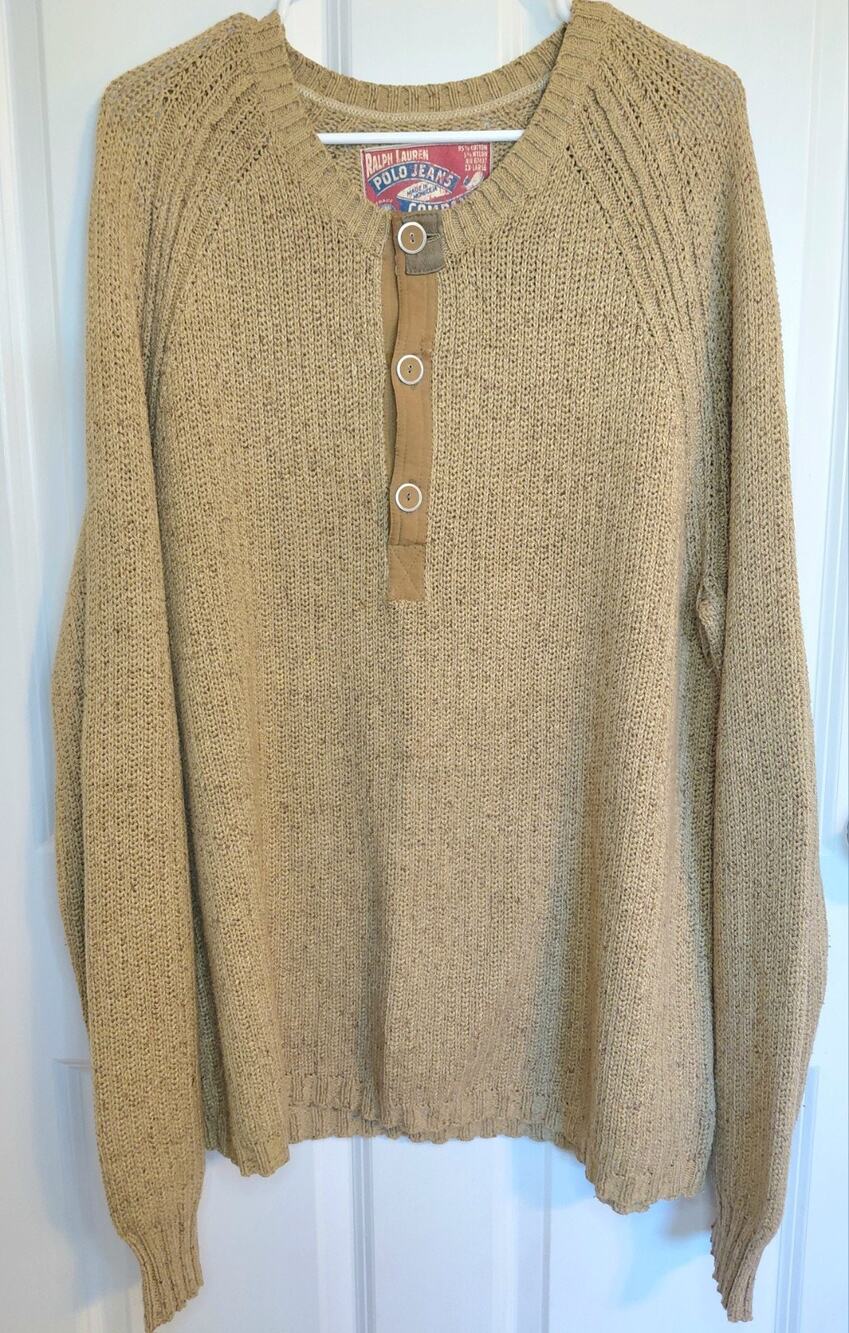 Vintage Ralph Lauren Polo Jeans Co Knit Henley Sweater Tan Beige Men's XXL Rare